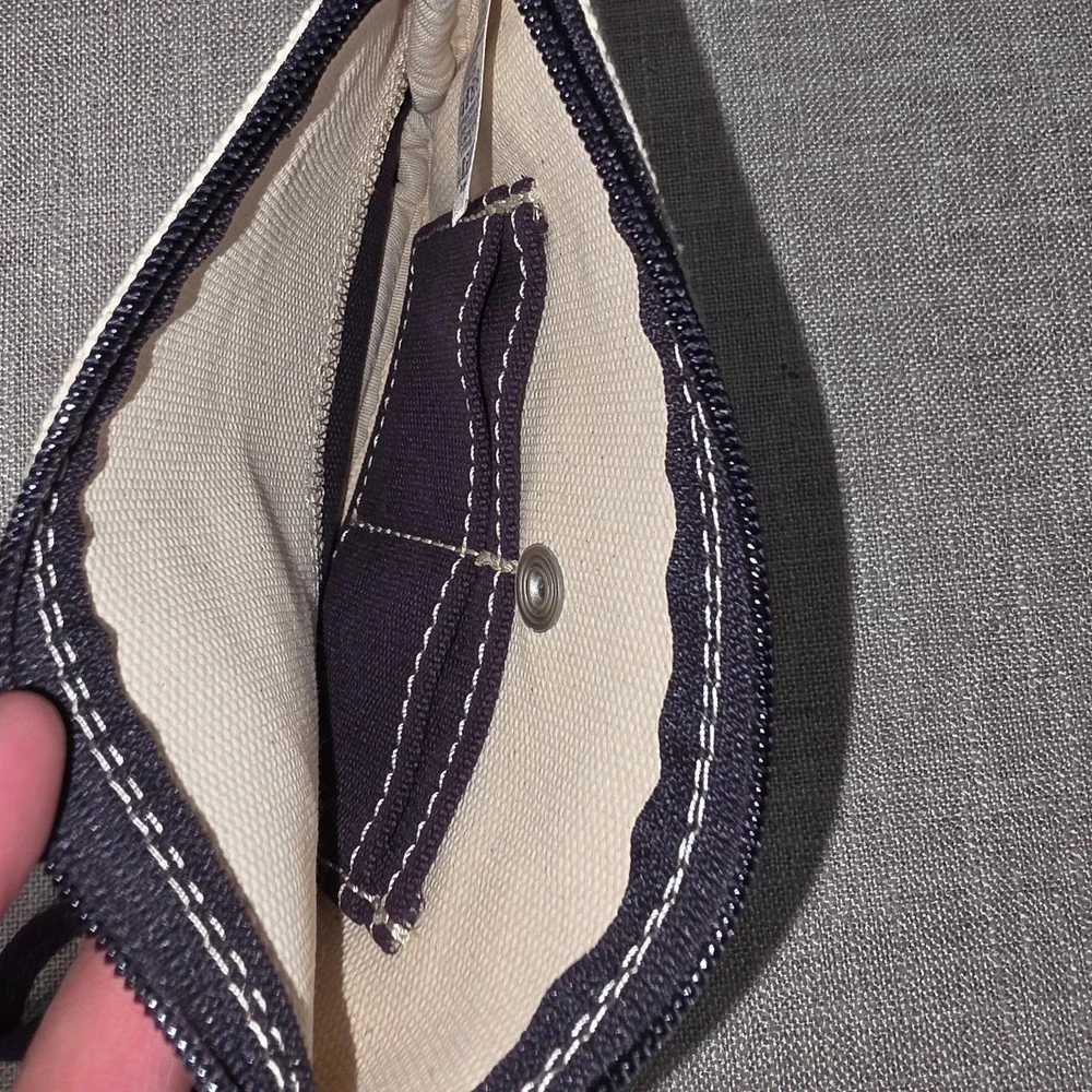 Lands End Canvas Wristlet Pouch Navy Blue Cream Zippered Clutch Bag RN 62830